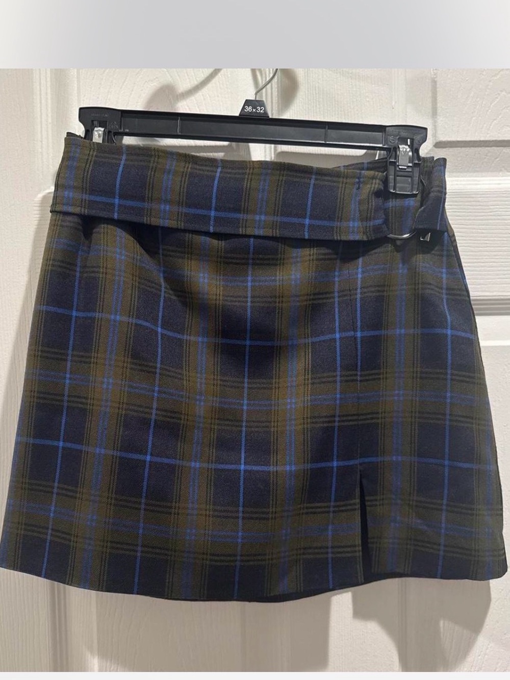 Avec Les Filles Olive and Navy Plaid Mini Skirt with Blue Windowpane